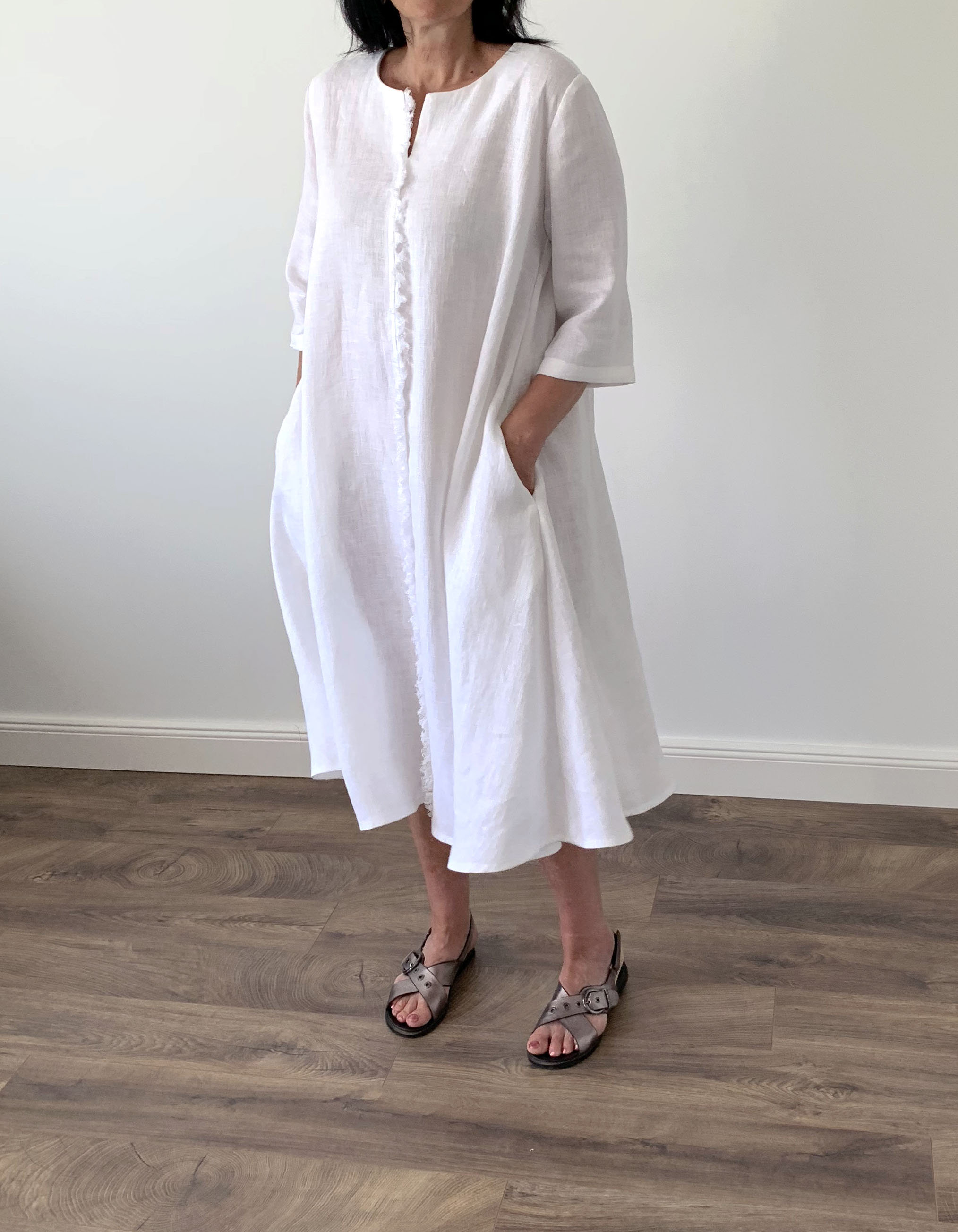Pistache Pom Pom Linen Dress- White main image 1