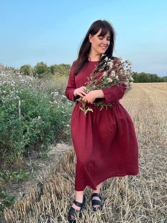 Marsala red dress - Loose linen dress - Summer dress with Long sleeves - Long linen dress - Handmade by Matutulinenstyle.