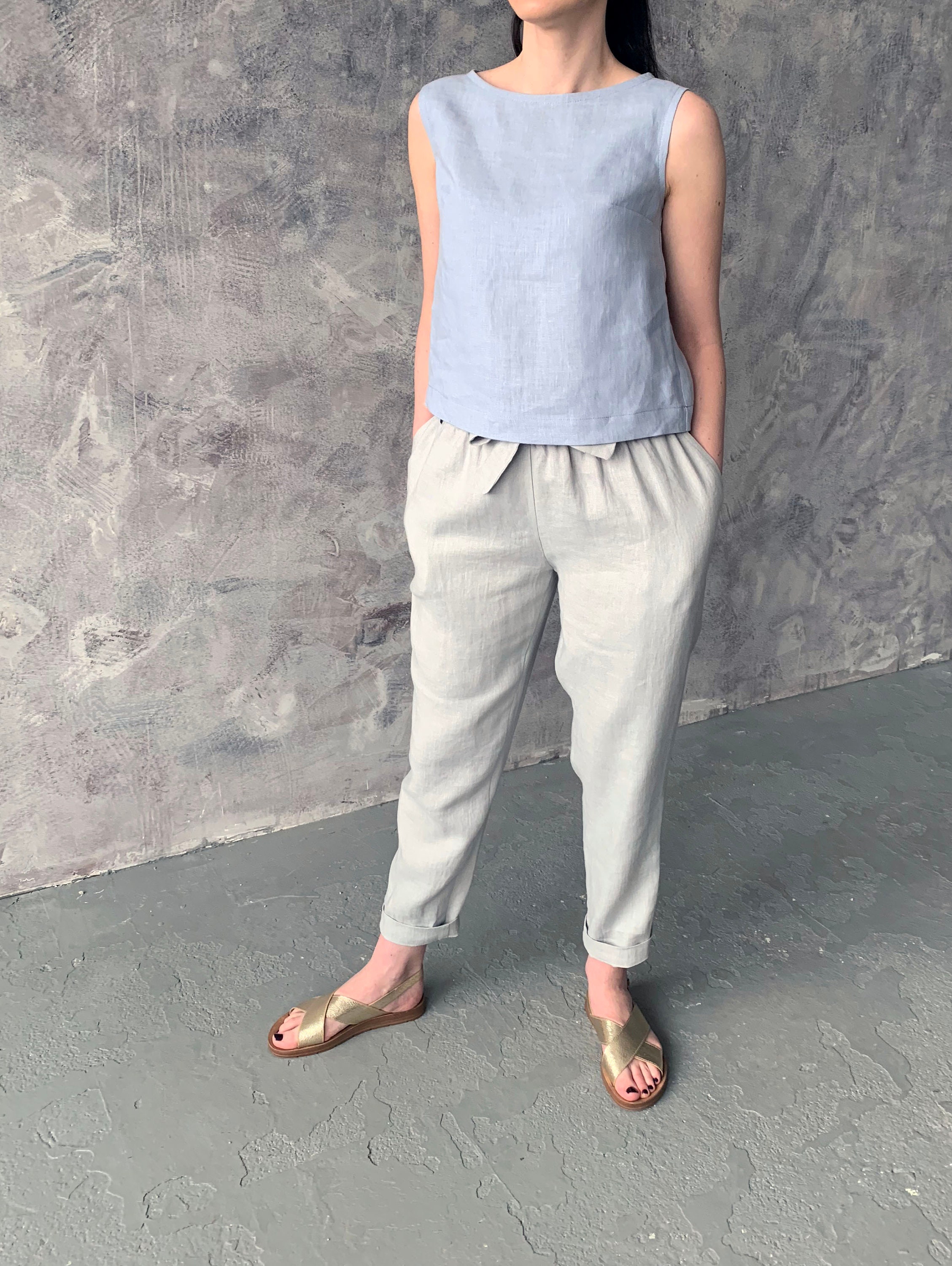 Elastic waist natural light grey linen pants with belt and | Etsy