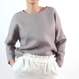 Kimono long sleeves linen loose top, washed linen dusty lilac long sleeves top, crew neckline linen top, MaTuTu Linen Style