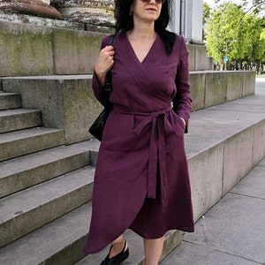 Linen loose dress, linen wrap dress with sleeves, autumn dress, dress with pockets, linen dress with belt, plum violet dress MaTuTu