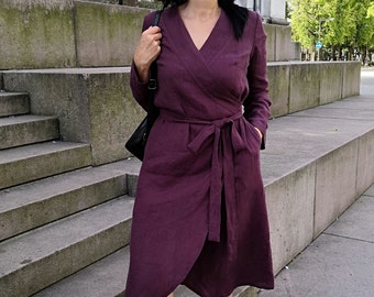 Linen loose dress, linen wrap dress with sleeves, autumn dress, dress with pockets, linen dress with belt, plum violet dress MaTuTu