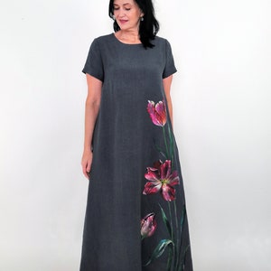 Unique hand painted tulips dark grey maxi washed linen dress with pockets, maxi long loose linen dress with flowers, MaTuTu Linen Style