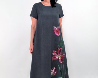 Unique hand painted tulips dark grey maxi washed linen dress with pockets, maxi long loose linen dress with flowers, MaTuTu Linen Style