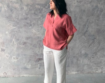 Loose kimono blouse with short sleeves with V-neck from natural organic washed linen, Salmon color pink linen top, MaTuTu Linen Style blouse