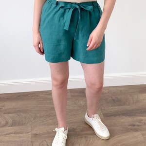 Washed linen viridian blue loose shorts with elastic regular waist and side pockets, natural boho linen shorts with belt for women image 2