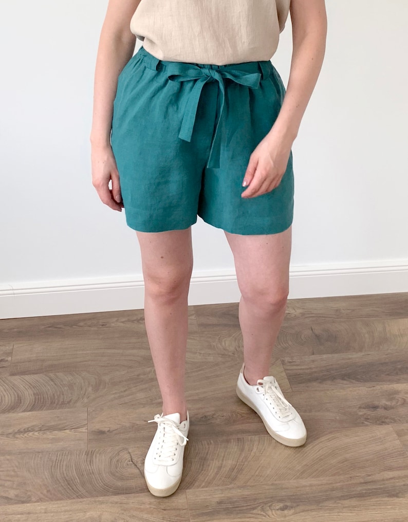 Washed linen viridian blue loose shorts with elastic regular waist and side pockets, natural boho linen shorts with belt for women image 2