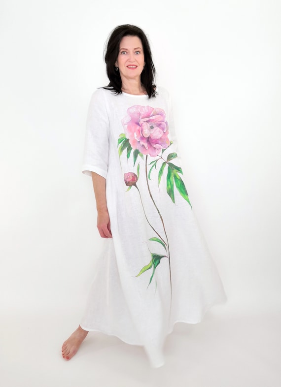 Unique Hand Painted Peonies White Maxi Washed Linen Dress with Pockets, Very Loose Long Linen Dress with Flowers, Matutu Linen Style