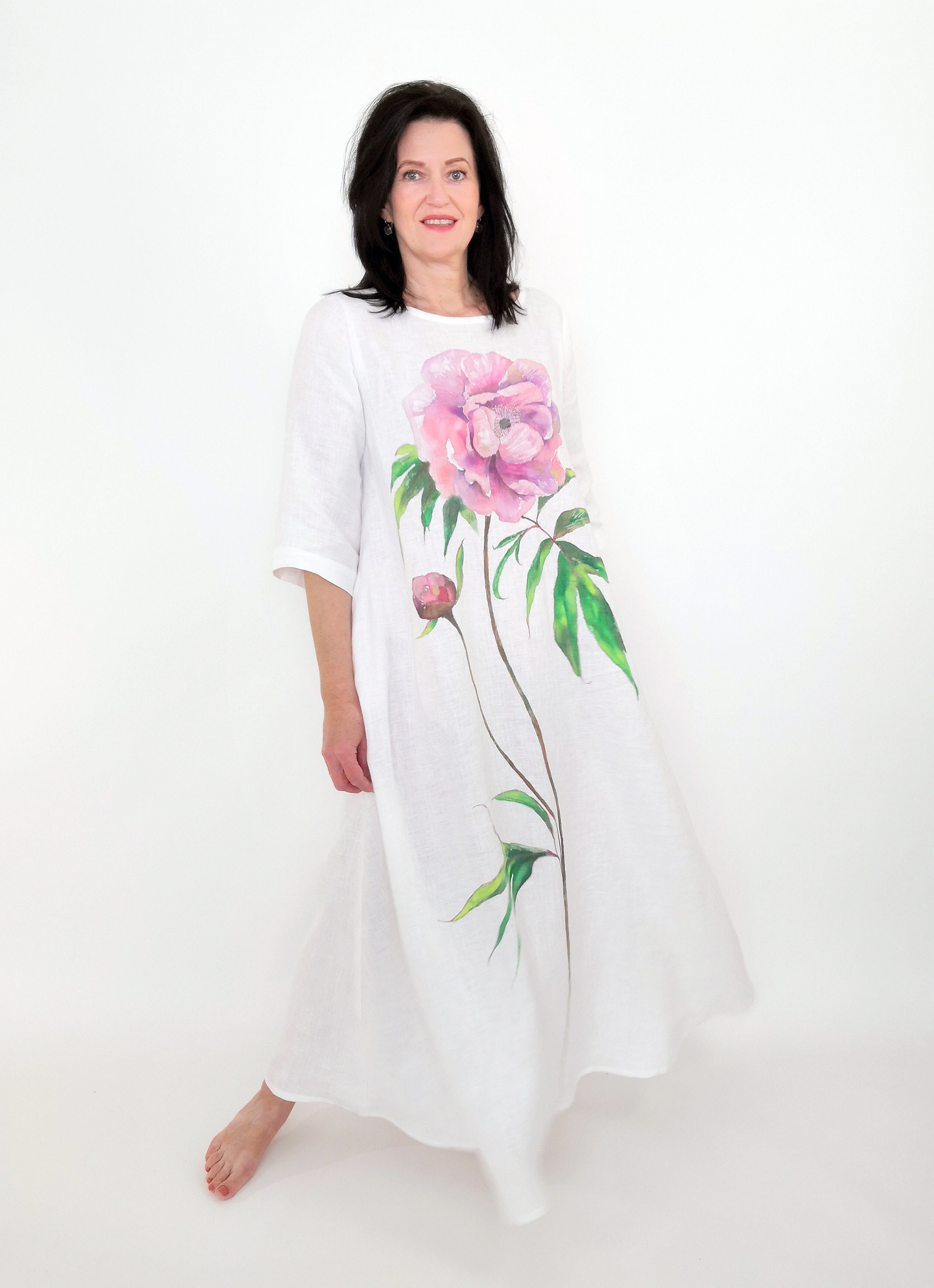 Unique Hand Painted Peonies White Maxi Washed Linen Dress with Pockets, Very Loose Long Linen Dress with Flowers, MaTuTu Linen Style