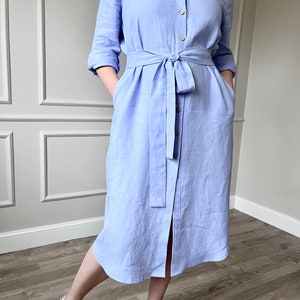 Washed linen long sleeves mid calf shirt style casual dress with pockets belt and collar, soft linen summer shirtdress with buttons and belt