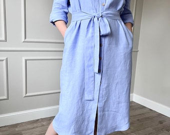 Washed linen long sleeves mid calf shirt style casual dress with pockets belt and collar, soft linen summer shirtdress with buttons and belt