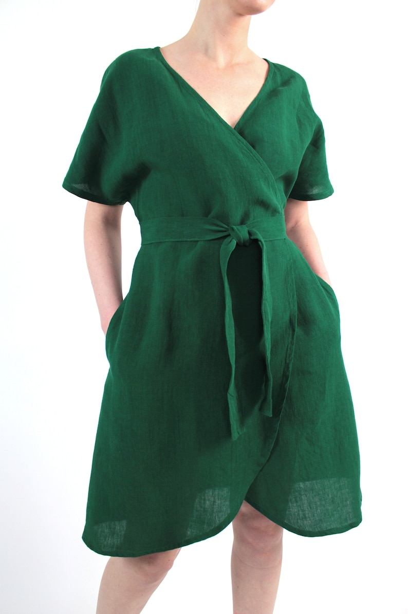Emerald green linen kimono wrap summer dress with pockets Etsy