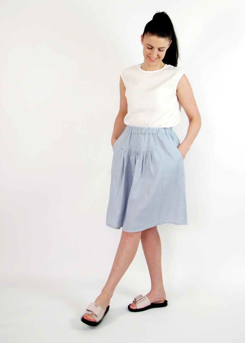 Linen Loose Midi Summer Skirt With Wide Elastic Waist Pockets Etsy