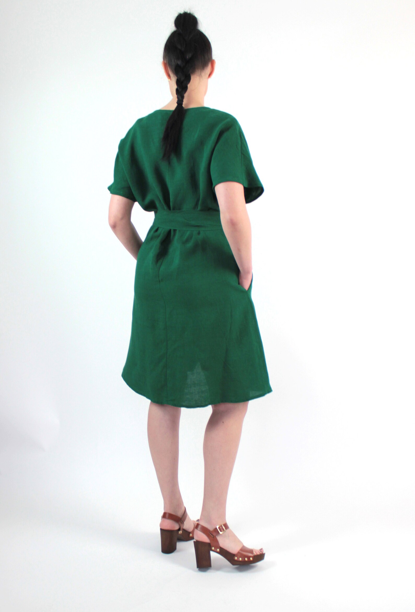 Emerald Green Linen Kimono Wrap Summer Dress With Pockets Etsy