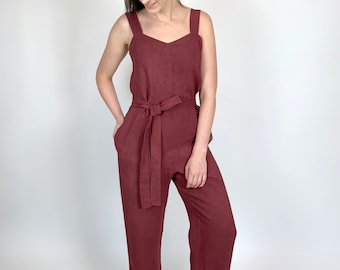 Washed linen sleeveless jumpsuit with belt and pockets, loose linen marsala red overroll, comfortable pure linen romper with belt