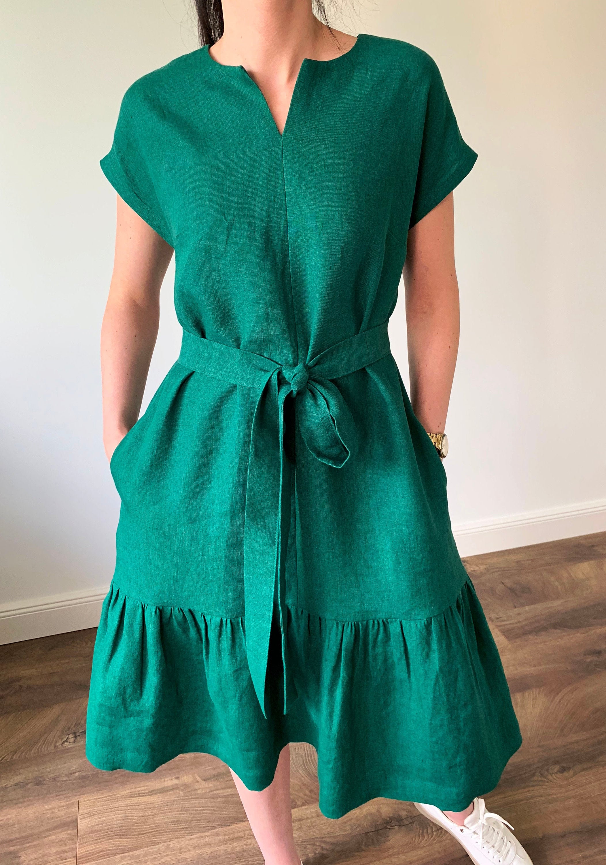 Linen Loose Emerald Green Midi Length Dress Linen Shift Dress
