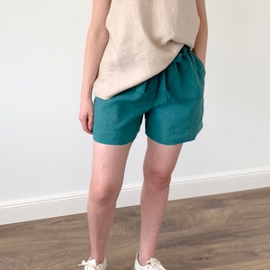 Washed linen viridian blue loose shorts with elastic regular waist and side pockets, natural boho linen shorts with belt for women image 7