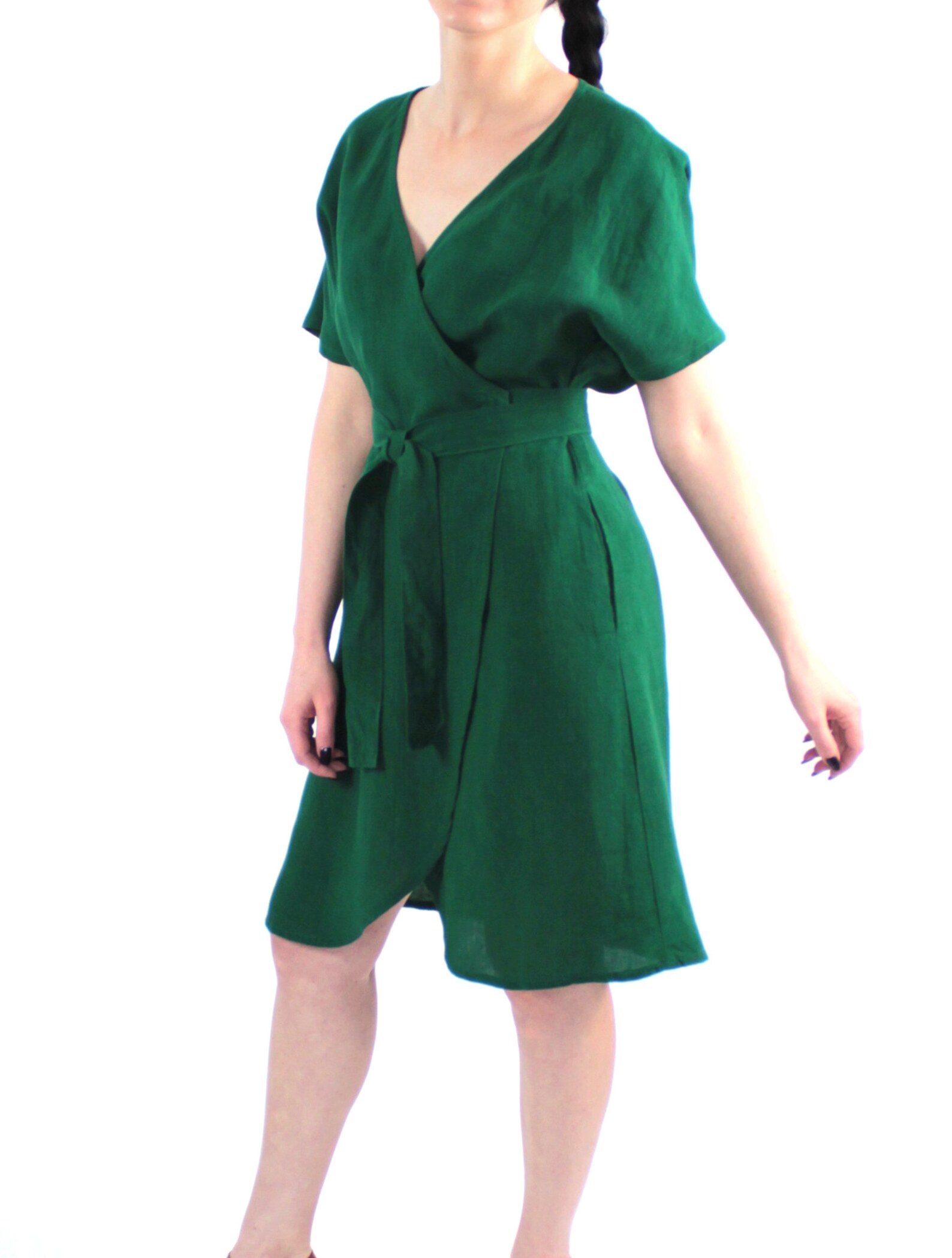 Emerald Green Linen Kimono Wrap Summer Dress With Pockets Etsy