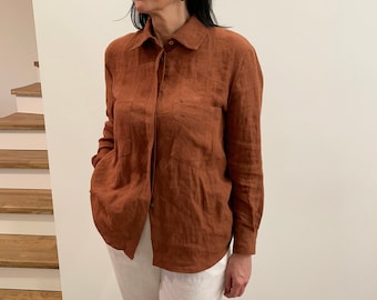 Chemise en lin femme avec col et boutons, chemises pour femme, chemises en lin à manches longues, chemisier en lin lavé, chemise décontractée pour femme