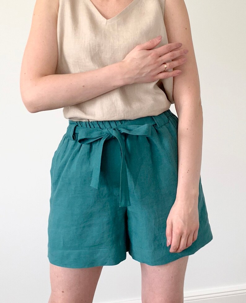 Washed linen viridian blue loose shorts with elastic regular waist and side pockets, natural boho linen shorts with belt for women image 3