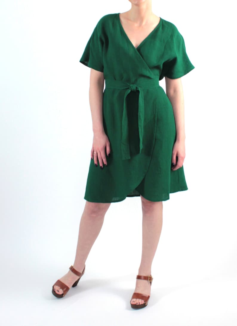Emerald green linen kimono wrap summer dress with pockets Etsy