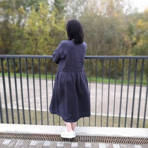 Soft linen loose 3/4 sleeves drop-off shoulders dress with pockets, graphite grey soft washed linen loose midi summer dress image 3