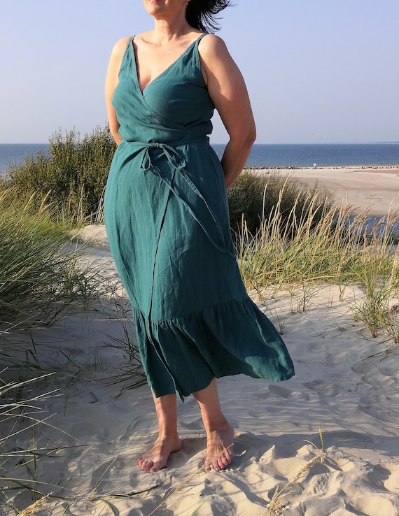 Wrap Sleeveless Long Linen Ruffle Dress With Pockets, Simple Summer  Viridian Blue Ankle Length Linen Wrap Dress With Braces, Matutu - Etsy