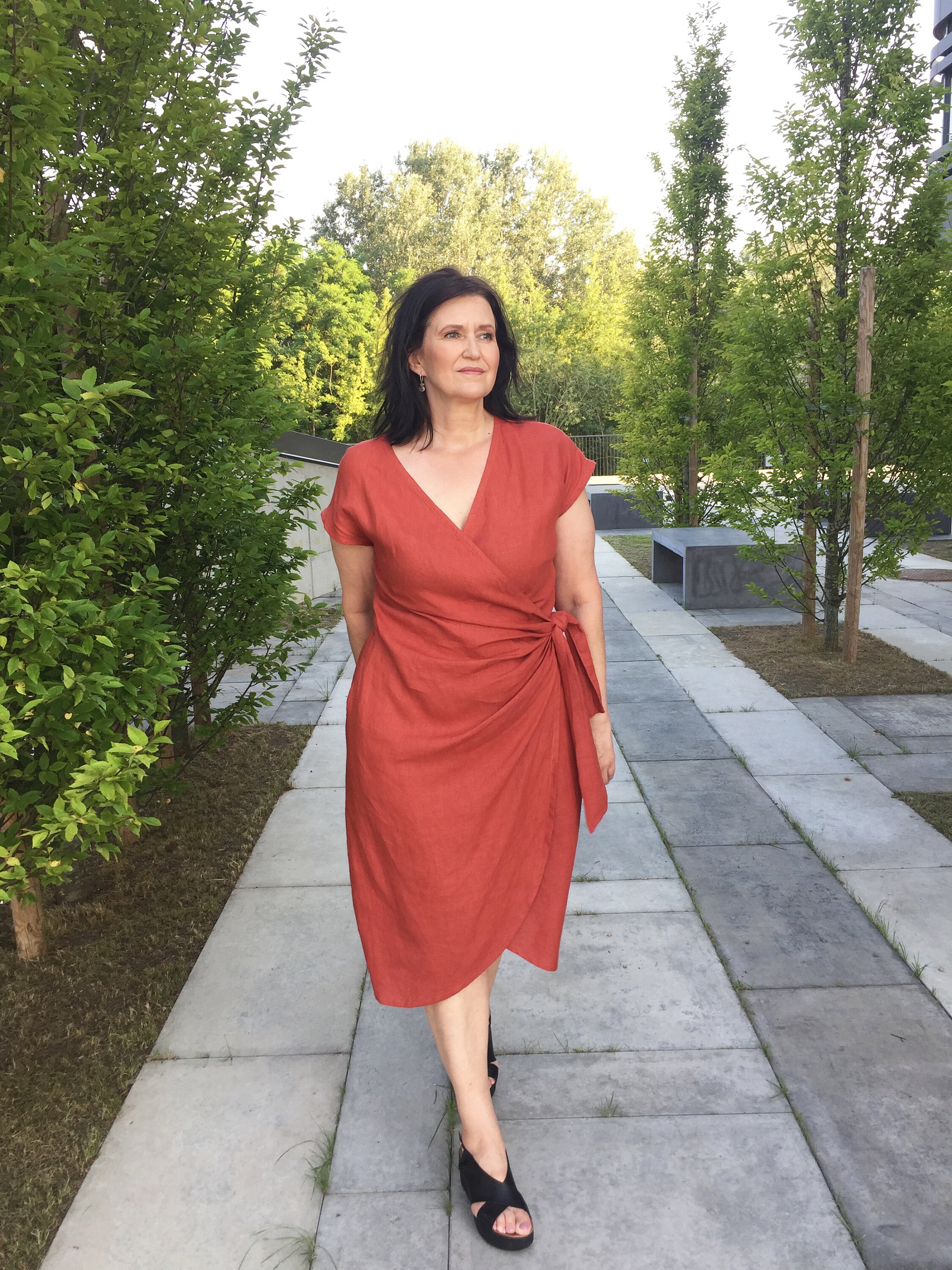 ワンピース Linen dress Straight Wrap Washed Linen Mid Calf Bricks Red Dress With