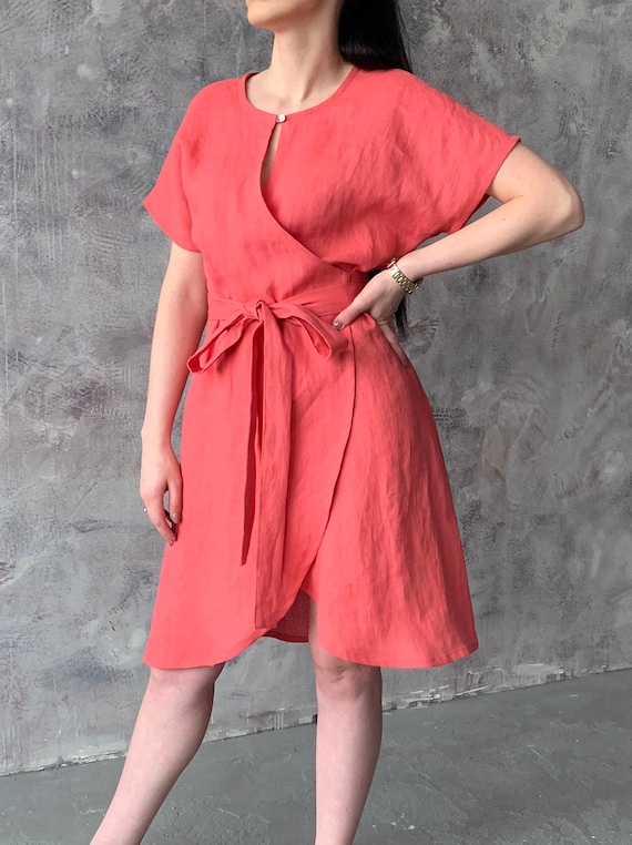 Linen Loose Kimono Wrap Summer Dress With Pockets Coral Pink | Etsy