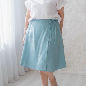High waist linen wrap short skirt with pockets, loose linen knee length casual skirt, A-line linen everyday skirt MaTuTu Linen Style image 5