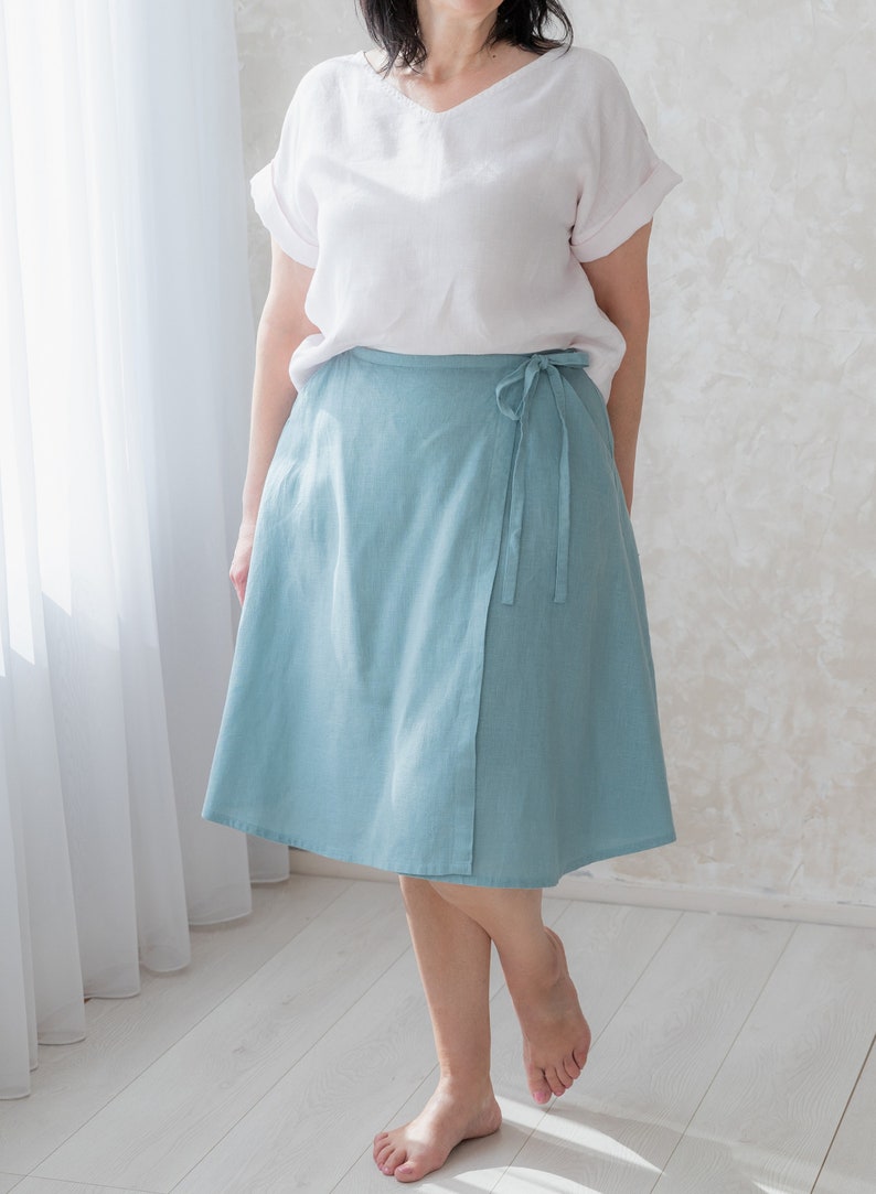 High waist linen wrap short skirt with pockets, loose linen knee length casual skirt, A-line linen everyday skirt MaTuTu Linen Style image 5