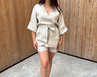 Long linen kimono blazer with 3/4 sleeves and pockets, natural melange color soft washed linen cardigan, summer linen jacket with belt