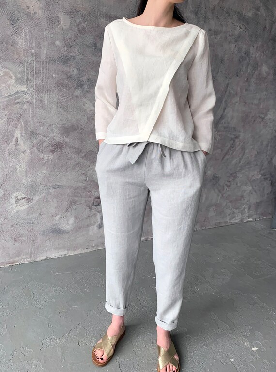 Loose pure linen white japanese style blouse with long sleeves, minimalist washed linen casual top with sleeves, MaTuTu Linen Style