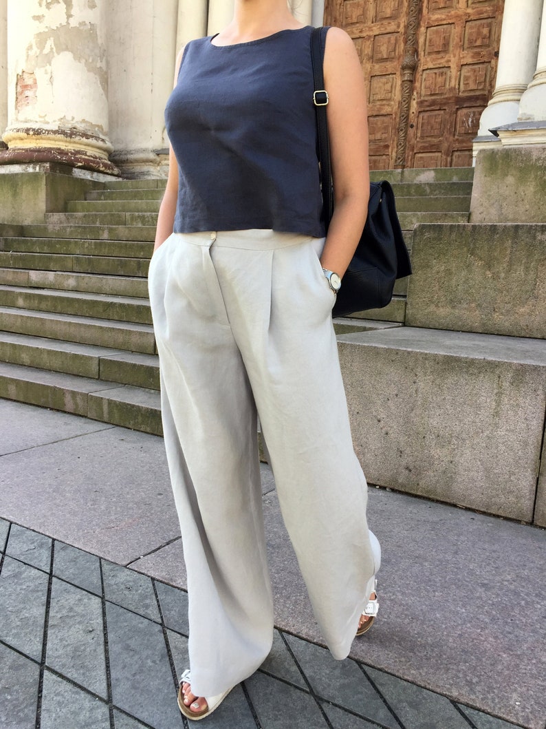 wide linen pants with pockets Washed and soft natural linen loose trousers with pockets light grey loose fit linen bottoms for womens