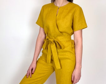 Wrap linen mustard yellow jumpsuit with short sleeves, long pants loose linen casual overroll, comfortable washed linen romper, MaTuTu