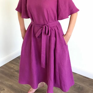 Linneklänning med vida ärmar, sommarklänning, klänning med fickor, vid linneklänning, lös linneklänning, linneklänning för kvinnor, cyklamenklänning bild 5