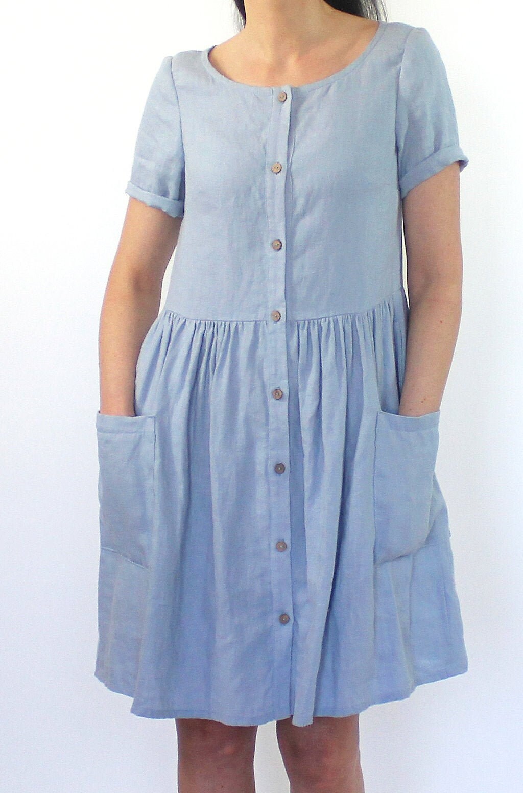 Linen loose light blue short sleeves dress with wooden buttons | Etsy