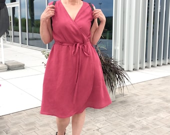 Wrap comfortable loose sleeveless washed linen dress with pockets, raspberry pink wrap linen knee length sundress,  MaTuTu Linen Style