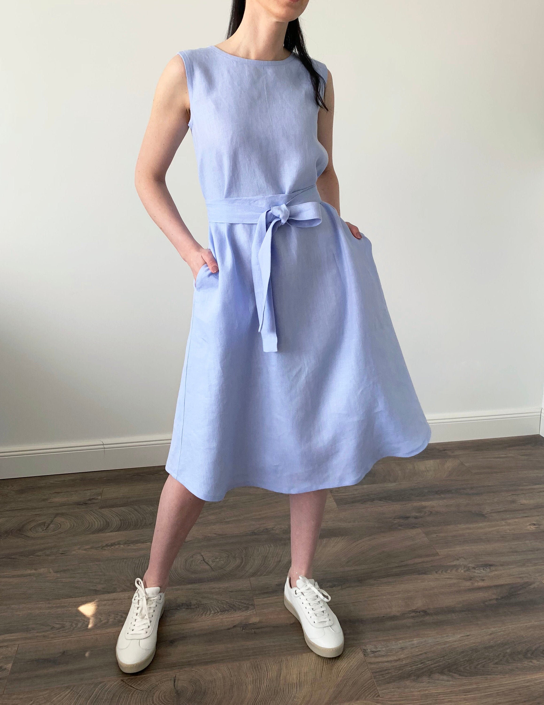 Linen Loose Light Blue Double-sided Summer Sleeveless Dress