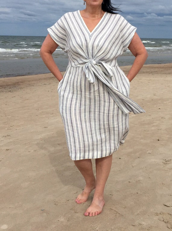 Straight Washed Striped Linen Mid Calf Dress with Short Kimono Sleeves and Pockets, Deep V-Neck Linen Sundress with Belt
