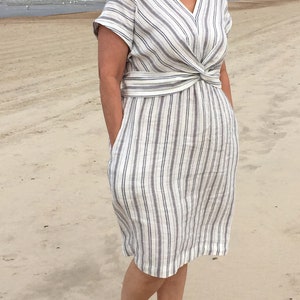 Straight washed striped linen mid calf dress with short kimono sleeves and pockets, deep V-neck linen sundress with belt image 6