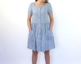 Linen loose light blue short sleeves dress with wooden buttons and pockets, light blue linen comfortable summer dress, linen ruffled dress