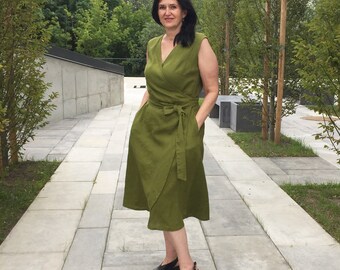 Wrap comfortable loose sleeveless washed linen dress with pockets, moss green wrap soft linen below knee length sundress