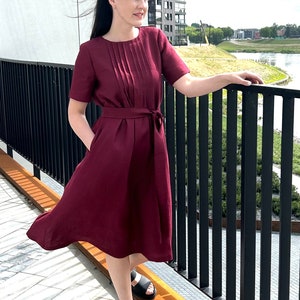 Linen short sleeves marsala red dress, loose modern minimalist linen summer dress, wide washed linen dress with pockets and ruffles