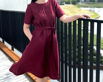 Linen short sleeves marsala red dress, loose modern minimalist linen summer dress, wide washed linen dress with pockets and ruffles