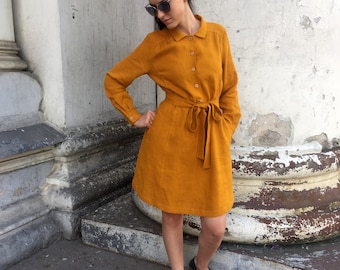 Women's mustard yellow linen shirtdress with belt, buttons, pockets, collar and long sleeves dress,  Matutu linen style