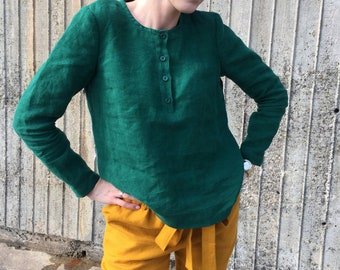 Linen shirt woman, linen loose blouse, shirts for woman, emerald green linen top, long sleeves linen blouse, shirt with buttons, MaTuTu