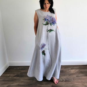 Hand painted flowers linen loose maxi  sleeveless dress with pockets, long summer unique dress, Gift for women,Matutu linen style