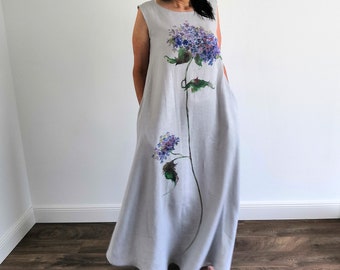 Hand painted flowers linen loose maxi  sleeveless dress with pockets, long summer unique dress, Gift for women,Matutu linen style