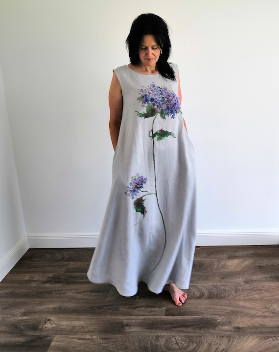 Hand Painted Linen Dress with Hydrangea, Loose Maxi Linen Dress, Natural Linen Clothing, Oversized Summer Dress, Artistic Dress for Women